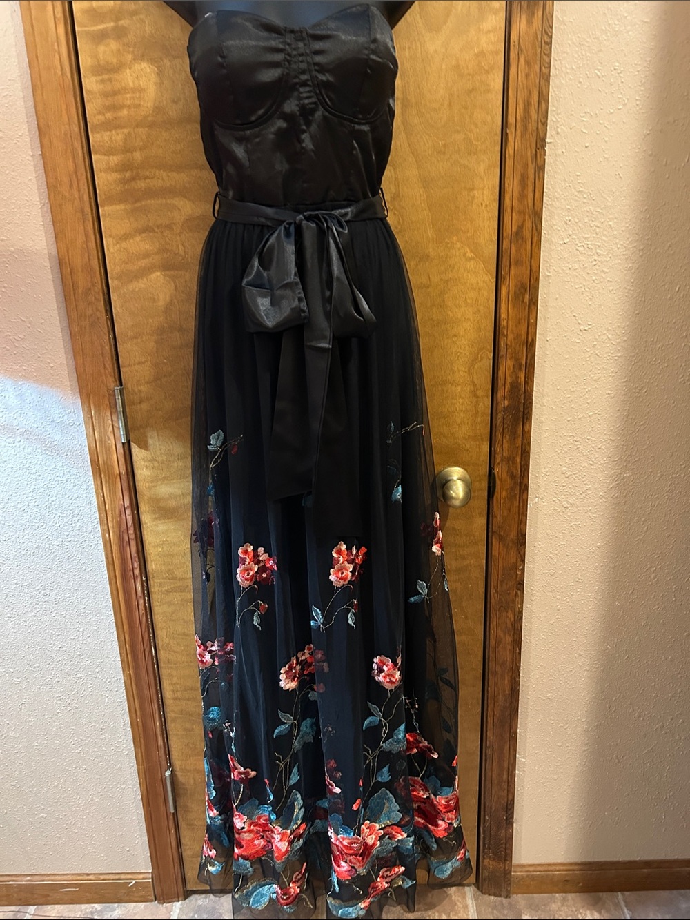 Black Dress with Red Floral Embroidery and Satin Tie
